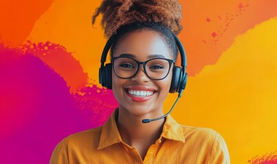 happy customer service representative with headset, smiling and engaging with clients. vibrant background enhances positive atmosphere of support and communication