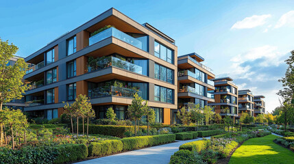 Sleek contemporary apartments feature large windows and balconies, nestled within well-maintained gardens and pathways