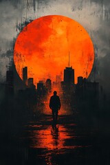 Fototapeta premium A city in flames as one man walks forward