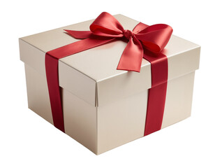 Brown Kraft Gift Box with Red Ribbon on Transparent PNG Background.  