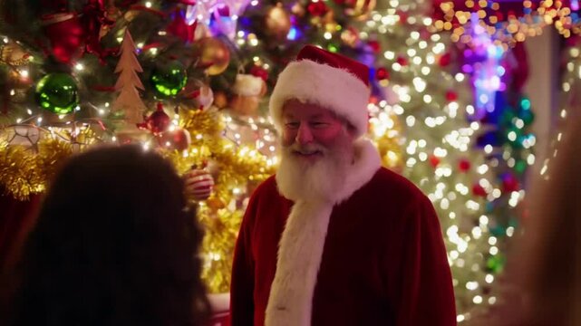 Delight in the warmth as Santa Claus smiles warmly surrounded by twinkling lights and holiday decor, spreading cheer in a festive atmosphere