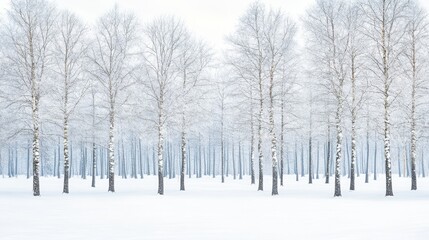 A serene winter landscape with bare tree and a blanket of snow, evoking tranquility and stillness.