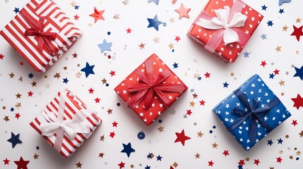 Obraz premium Festive Gift Boxes with Colorful Stars and Confetti Background