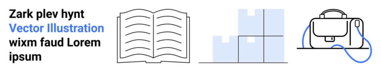 Book with open pages, bar graph with blue elements, business briefcase with a strap. Ideal for education, business strategy, learning tools, corporate training, data presentation, office supplies