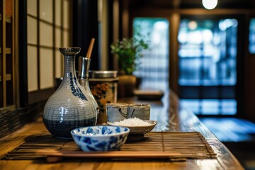 Japanese rice wine on the table sake rice and rice plant