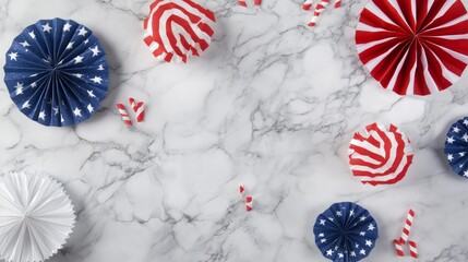 Fototapeta premium Festive Red, White, and Blue Decorations on Marble Background