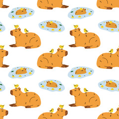 Seamless pattern with cute cartoon capybara illustration. South America fauna.