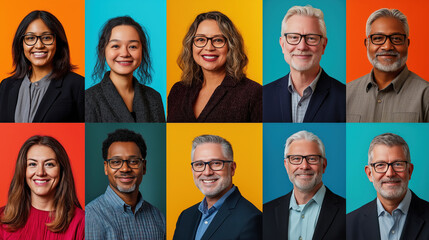 A group of diverse individuals looks confidently at the camera, showcasing their professional attire against colorful backdrops