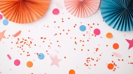 Colorful Party Decorations with Confetti and Paper Fans