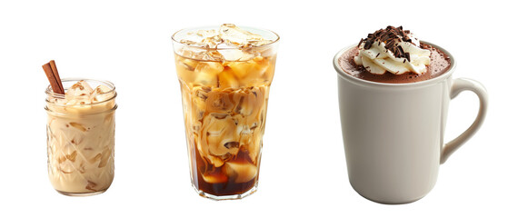 Refreshing summer drink horchata almond milk, iced coffee with milk and ice cubes, Hot chocolate topped with creamy whipped cream isolated on white transparent background