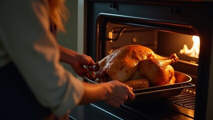 Close up of woman roasting turkey in the oven.