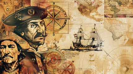 Fototapeta premium Columbus Day Museum Exhibit Poster Featuring Ships, Ancient Maps, and Explorers