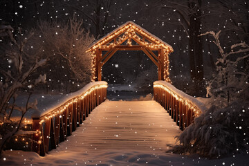 A beautifully lit wooden bridge covered in snow, surrounded by trees in a serene, snowy landscape at night