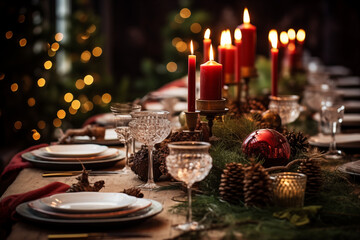 Naklejka premium A beautifully decorated holiday dining table featuring candles, pine cones, and ornaments, creating a warm, festive atmosphere perfect for family gatherings.