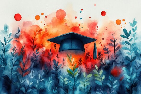 watercolor illustration depicting a graduation cap surrounded by soft celebratory elements conveying joy and accomplishment perfect for educational themes or graduation events