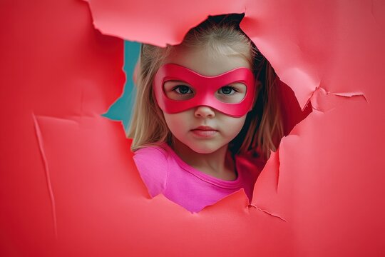 Joyful young girl in pink superhero outfit gazing through a tear in red paper