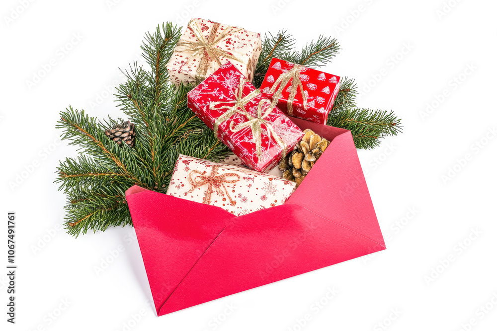 Poster brightly wrapped gifts are arranged inside a red envelope, accented by pine branches for a festive h