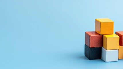 Obraz premium Colorful building blocks are stacked against a blue background, creating a playful and creative atmosphere suitable for educational purposes.