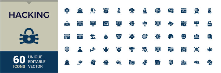 Hacking vector solid icon set. Containing hack, inspector, incognito, virus, protect, protection, threat and more. Pixel perfect. Vector illustration.