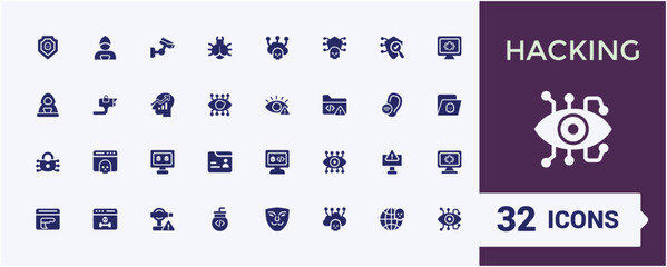 Hacking flat solid icon set. Includes icons for cyber, spam, hacker, spyware, crime and more. Flat filled style icons. Editable vector illustration.