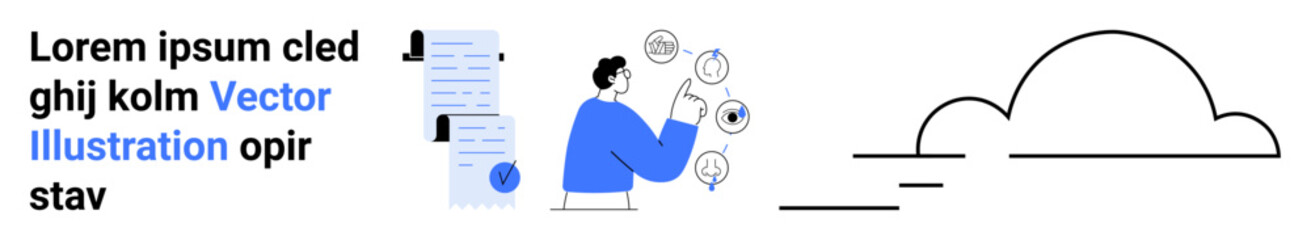 Man with laptop surrounded by thought bubbles, reading document stack, and cloud outline. Ideal for business projects, productivity, brainstorming sessions, creative writing, technology blogs