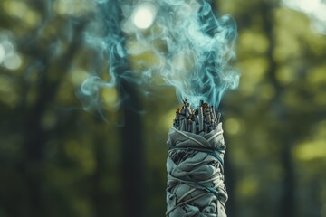 Macro shot of a big burning sage incense against a blurred forest backdrop