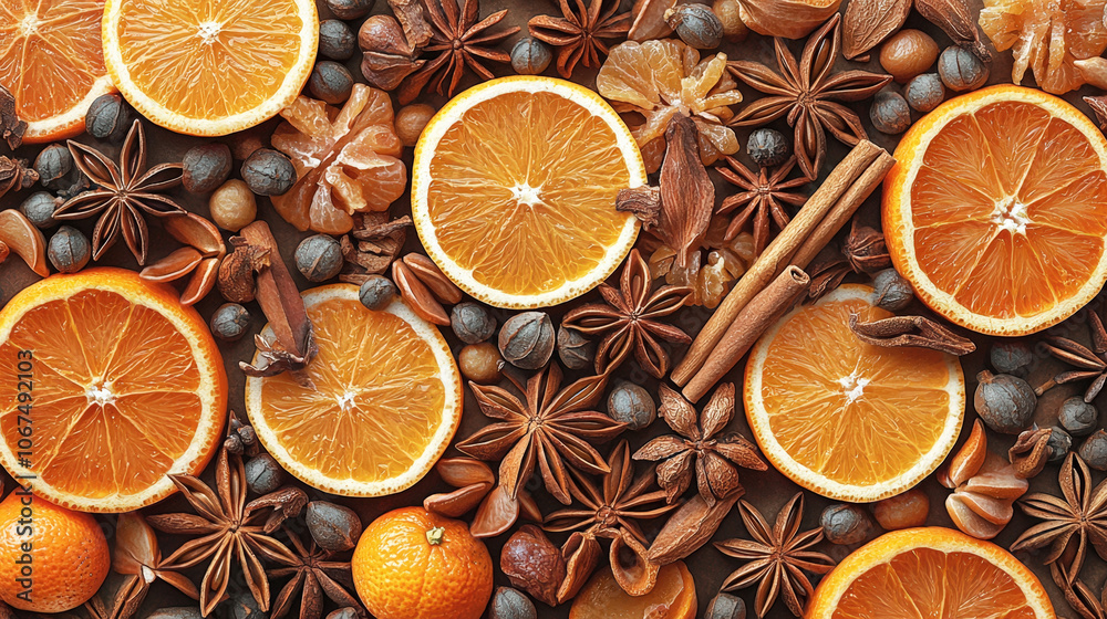 Poster dried slices of oranges and an assortment of spices are artfully arranged on a wooden table, evoking