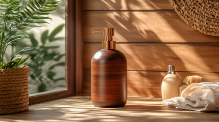 Elegant wooden soap dispenser in sunlight on wooden bathroom shelf with natural decor