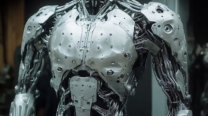 Bionic superhuman with enhanced tech armor, showing metallic plating and advanced mechanical joints