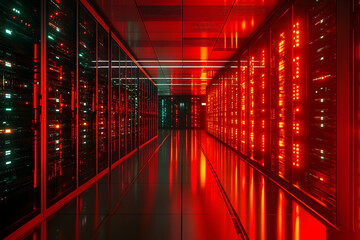 Fototapeta premium Shot of Data Center With Multiple Rows of Fully Operational Server Racks. Neural network ai generated art