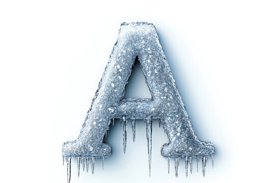 Frozen letter 'A' embedded in a block of ice, reflecting light with icy textures contrasting against a dark background.