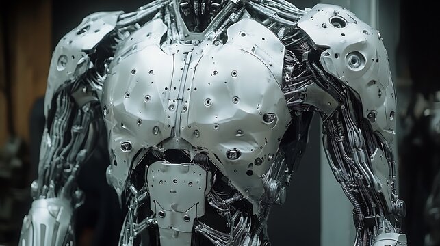 Bionic superhuman with enhanced tech armor, showing metallic plating and advanced mechanical joints