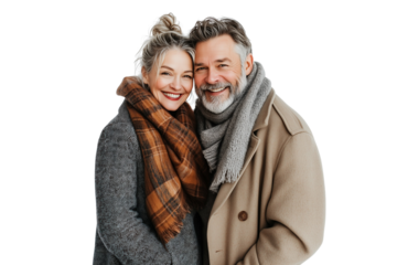 A smiling, fashionable older couple warmly embracing, both dressed in stylish coats and scarves against a transparent, isolated background