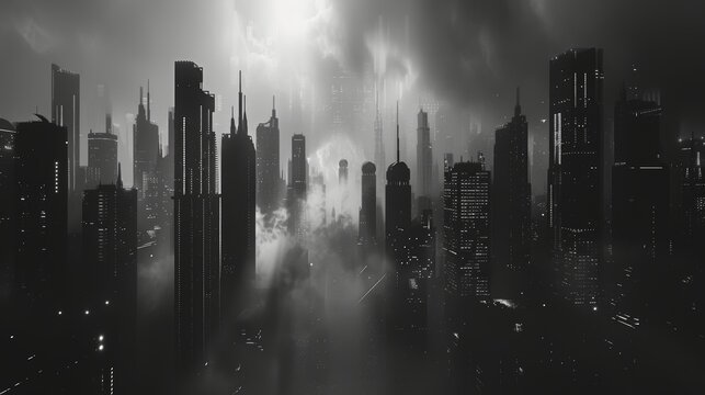 A dramatic grayscale depiction of a futuristic cityscape with towering skyscrapers cloaked in mist, embodying the essence of urban life and architectural innovation.
