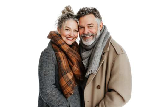A smiling, fashionable older couple warmly embracing, both dressed in stylish coats and scarves against a transparent, isolated background