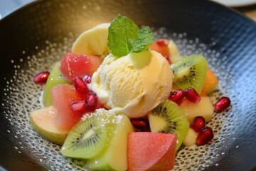 Mixed fruit salad with kiwi banana apple pomegranate and vanilla ice cream