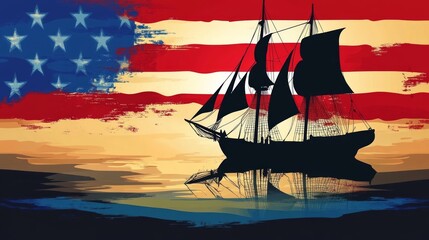 Vintage Sailing Ship Silhouette Against American Flag Background