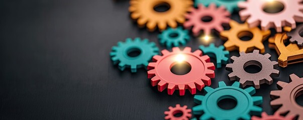 A collection of colorful gears placed artistically on a dark background, showcasing various sizes and shapes, representing mechanics and engineering.