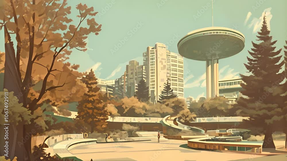 Poster retrofuturistic landscape in mid-century sci-fi style. retro science fiction scene with futuristic c