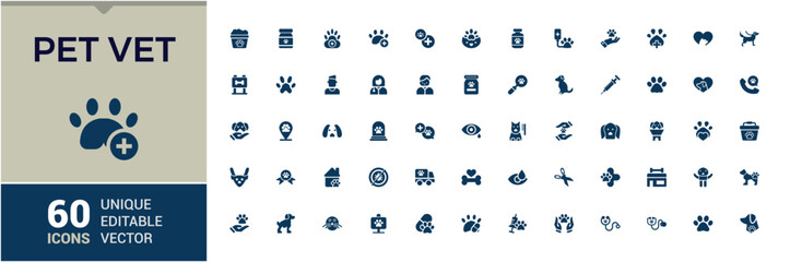 Set of Pet Vet solid icons. Includes kitty, winn, dog, nature, turtle and more. Minimalist flat filled icon. Editable vector icon and illustration.