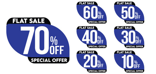 Different discount sticker tags. Discount price tags set. Blue shape promote buy now with sell off up to 10, 20, 30, 40, 50, 60, and 70 percentage vector illustration isolated on white background.