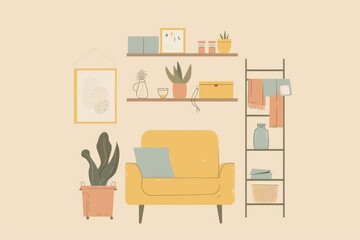 Cozy minimalist living room decor with plants and shelf display