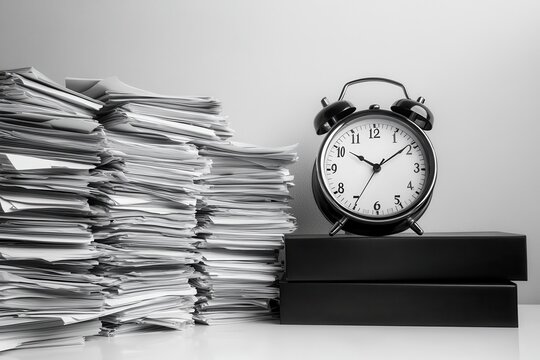 Old white alarm clock on a desk cluttered with paper files in a black folder against a white wall