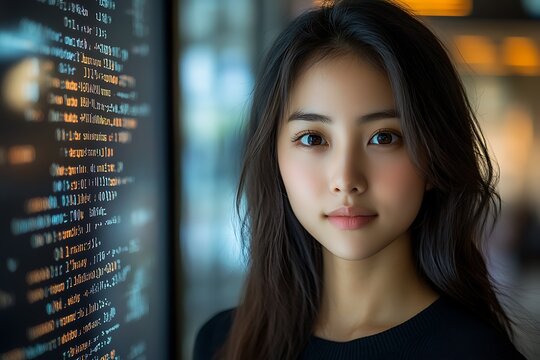 Beautiful mixed race woman posing outdoors, background with blurred neon lights
