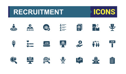 Recruitment icon collection. Related to resources, headhunting, resume, human resource, hiring, requirements and more. Set of solid pictogram.