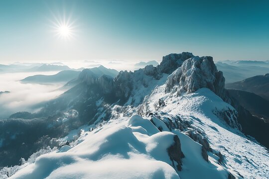 beautiful winter landscape of Dumba mountains higher than clouds, close up, top view
