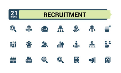 Recruitment icon collection. Related to resources, headhunting, resume, human resource, hiring, requirements and more. Set of solid pictogram.