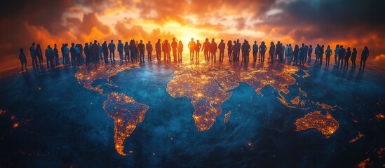 Fototapeta premium Silhouettes of people stand on a world map with a bright sunrise in the background.