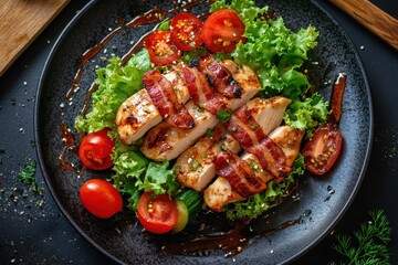 Polish chicken and bacon salad with veggies and dressing viewed from above in an Eastern European restaurant