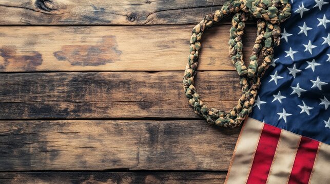 American Flag with Military Rope on Rustic Wood Background